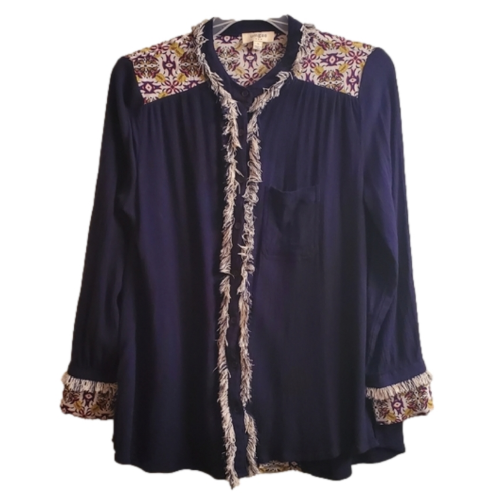 Umgee Women's Blue Tribal Print Fringed SM shirt